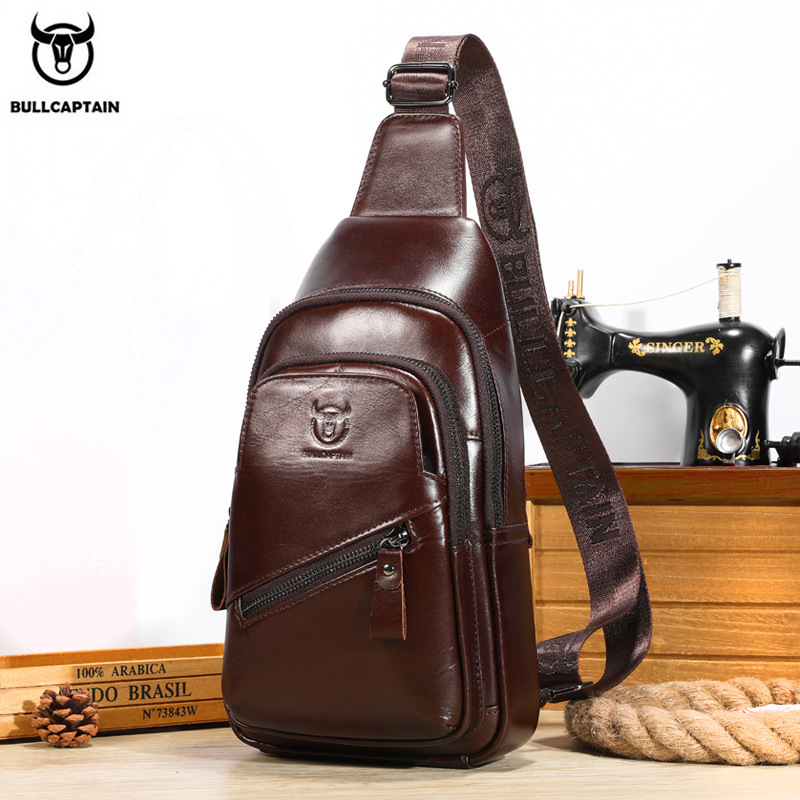 Large-capacity leather men's single-shoulder Messenger chest bag soft top layer cowhide retro double-layer card charging pocket